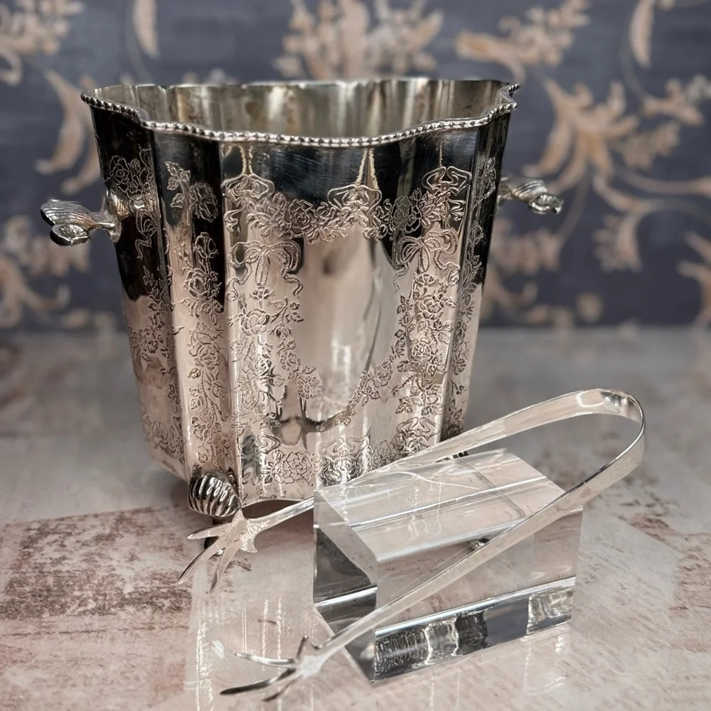 Vintage Ornate Silver Plate Ice Bucket w/ Tongs Floral Etched India Estate